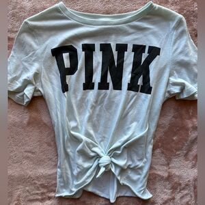 PINK light blue light weight knot crop top logo